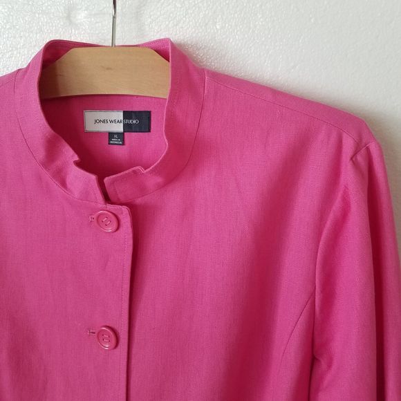 Vtg Jones Wear Studio Womens XL Linen Blend Blazer Roll Tab Sleeve Barbie Pink - Picture 2 of 9